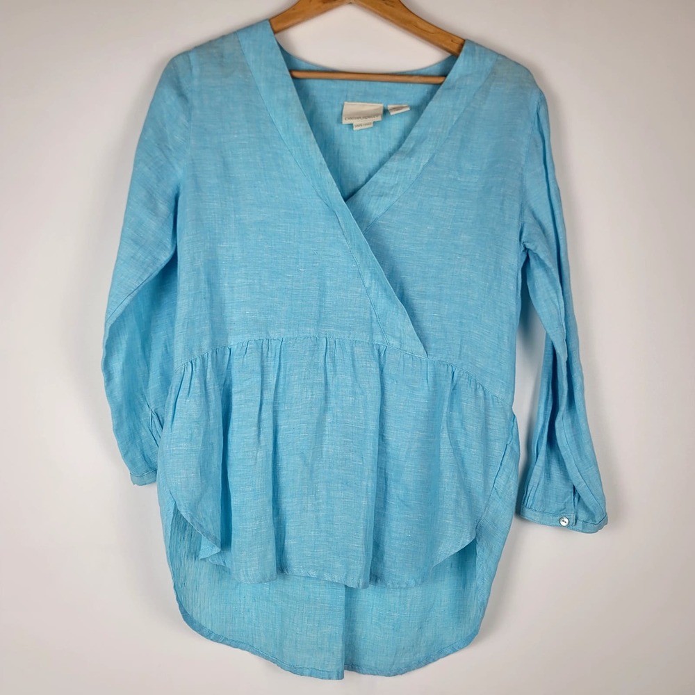 Cynthia Rowley 100% Linen light blue long sleeve Tunic Top Size Small